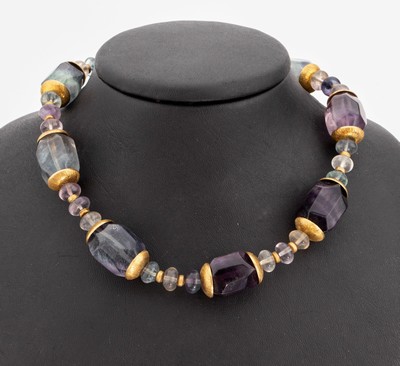 Ausgefallenes Designer Collier, Silber verg., Glieder aus Fluoriten in versch. Grössen, Formen und Farben, L. ca. 48 cm, Magnetschliesse Metall ...