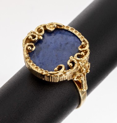 14 kt Gold Farbstein-Ring, GG 585/000, Ringkopf mit Voluten, gefasste Lazulith -Platte, RW 58, ca. 6.0 g
