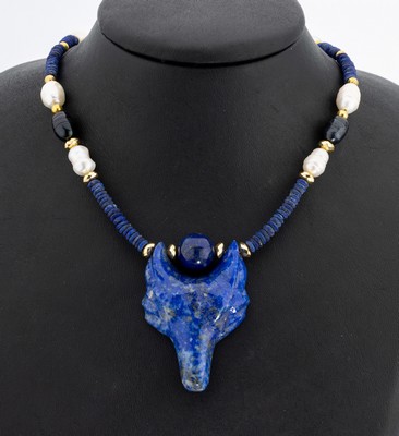 Lapislazuli-Perl-Collier "Fuchs", 925er Silber verg., kl. Lapislazuli-Rondelle, Zwischenglieder aus unrunden Zuchtperlen weiß und ...