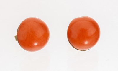Paar 14 kt Gold Korall Ohrstecker, GG 585/ 000, 2 Korallcabochons, D. ca. 11 cm, ca. 5.2 g, Versand nur innerhalb der EU