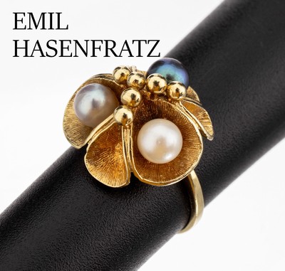 14 kt Gold Zuchtperl-Ring, GG 585/000, florale Gestaltung, Zuchtperlen in versch. Farben, D. ca. 4-4.5 mm, Granulatverz., RW 46,ca. 3.8 g, ...