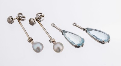 Paar Platin Diamant Ohrstecker mit Einhänger, Platin (gepr.), besetzt mit 10 8/8 -Diamanten zus. ca. 0.10 ct Weiss/p, 1x 2 Aquamarintropfen zus. ...