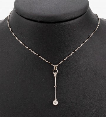 14 kt Gold Art Deco Diamant-Anhänger, um 1920, WG 585/000 (gepr.), Abhängung bewegl. ein Diamant ca. 0.25 ct Weiss/p, 3 Diamantrosen zus. ca. 0.02 ...