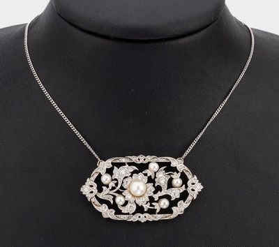 Art Deco Platin Diamant-Collier, Platin gepr., 1930er Jahre, weisse Zuchtperlen, Altschliffdiamanten und 8/8-Diamanten zus. ca.1.75 ct ...
