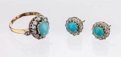 18 kt Gold Türkis-Diamant-Schmuckset, GG 750/000 und Platin, gepr., um 1910/20, 3 Türkiscabochons, Altschliffdiamanten zus. ca. 1.30 ct ...