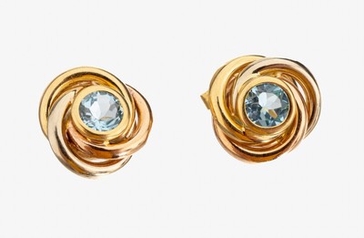 Paar 18 kt Gold Topas-Ohrstecker, GG 750/000, Knotenform, 2 rundfacett. Blautopase (beh.), ca. 3.6 g