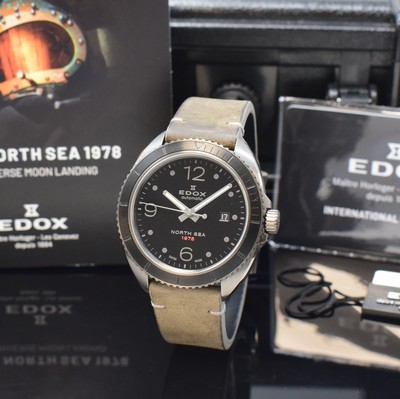 EDOX North Sea 1978 Herrenarmbanduhr Referenz 80118 in Stahl, Schweiz um 2020, Automatik, PVD-beschichtetes Geh., Boden u. Krone verschr., eins. ...