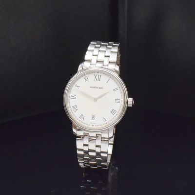 MONTBLANC Tradition Herrenarmbanduhr in Stahl/Stahlband, Schweiz um 2020, quartz, 2 -tlg. Geh., Boden aufgedr., weisses Zifferbl. m. Stahlen-Struktur ...