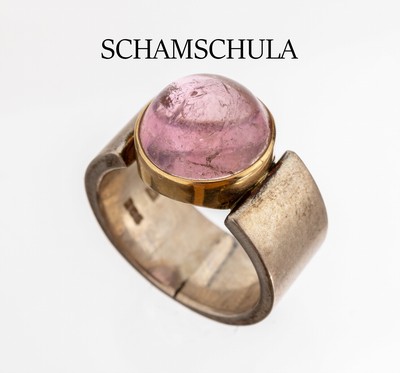 Designer Turmalin-Ring, 925er Silber, runder Turmalin-Cabochon in GG 750/000 gefasst, RW 52, Meistermarke Gertrud+Otto Schamschula