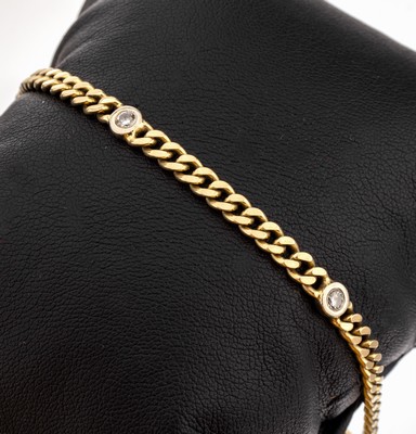 14 kt Gold Brillant Armband, GG/WG 585/000,Flachpanzer, 5 in WG gefasste Brillanten zus. ca. 0.34 ct Weiss/si, L. ca. 20.2 cm, ca. 11.4 g, ...