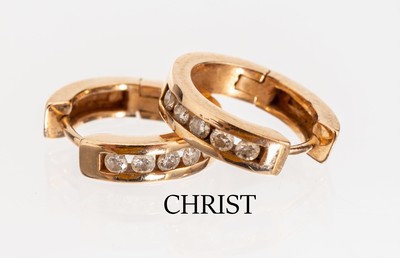 Paar 14 kt Gold CHRIST Brillant Creolen, RG585/000, insg. 10 Brillanten zus. ca. 0.20 ct Weiss/p, D. ca. 1 cm, ca. 4.7 g, sign.