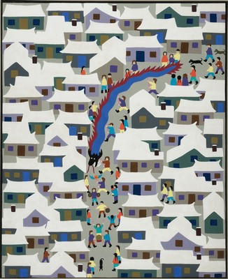 Tao Linping, geb. 1964, naive chinesische Malerei, Aquarell/Tusche auf Papier, "Dragon Dance", vor 1990, Blatt 54x66 cm, unter PP signiert ...
