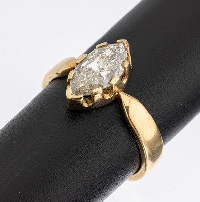 18 kt Gold Diamant-Ring, GG 750/000 gepr., 1 Diamant-Navette ca. 1.50 ct l.get.Weiß/p2 (beh./lasergebohrt), RW 56, ca. 5.3 g