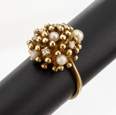 14 kt Gold Perl-Diamant-Ring, GG 585/000, aussergewöhnliche Gestaltung, 1960er Jahre, 4 kl. Akoyazuchtperlen, 4 kl. Brillanten, RW 55,ca. 6.1 g