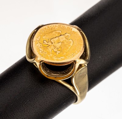 14 kt Gold Münz-Ring, GG 585/000, 2 Pesos Goldmünze, 1945, fest verlötet, RW 52, ca. 5.5g