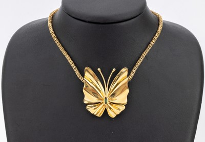 18 kt Gold Turmalin-Collier "Schmetterling", GG 750/000, Mittelteil in Form eines Schmetterlings mit kl. Turmalin-Navette, L. ca. 43 cm, ...