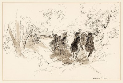 Otto Dill, 1884 Neustadt-1957 Bad Dürkheim, Patrouillengefecht, lavierte Tuschfederzeichung, re. unten signiert, leicht gebräunt, ca. 22x34cm, PP, ...