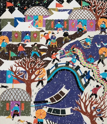 Xu Xiaoxin, geb. 1956, naive chinesische Malerei, Aqzarekll/Tusche auf Papier, "Watching a Dragon Lantern on a New Years' Day", vor ...