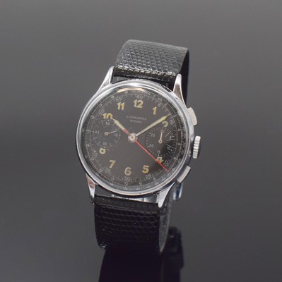 JUNGHANS verchromter Schaltradchronograph, Deutschland um 1950, Handaufzug, neutr. Lederband m. Junghans Dornschl., Stahlboden aufgedr., schwarzes ...