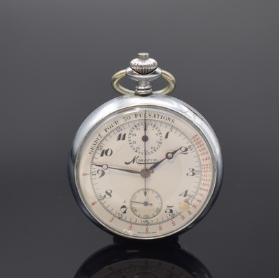 MINERVA Taschenuhr mit Chronograph, Schweiz um 1935, verchr. Geh., Emailzifferbl. besch. m. Breguetzahlen, gebl. Breguetzeiger, versilb. ...