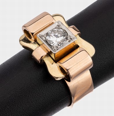 14 kt Gold Diamant Ring, deutsch 1940/50er Jahre, GG/RG/WG 585/000, in WG gefasster Altschliffdiamant ca. 0.50 ct Weiß/p, Ringschultern ...