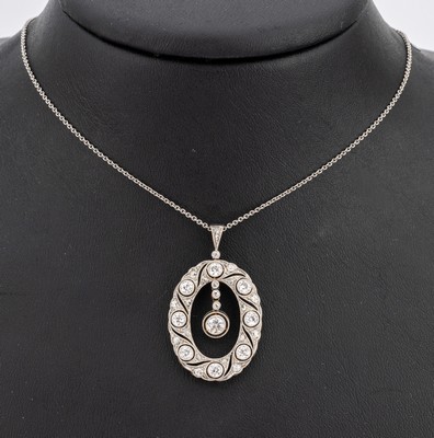 14 kt Gold Diamant Jugendstilanhänger, deutschum 1900/10, GG 585/000 und Platin, bes. mit9 Altschliffdiamanten zus. ca. 1.00 ct Weiss/si-p, umgeben ...