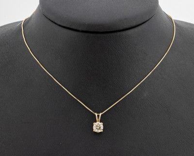 14 kt Gold Brillant-Anhänger, GG 585/000, Brillant ca. 0.82 ct Fancy Light/si3, (grayishgreenish Yellow), an Kette, L. ca. 42 cm, ...
