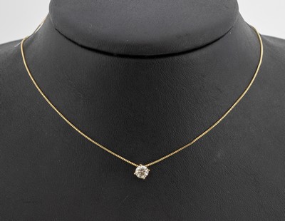 14 kt Gold Brillant-Anhänger, GG 585/000, Brillant ca. 0.48 ct Light Yellow/si1, an Kette, L. ca. 40 cm, Federringschließe, GWLAB Expertise anbei, ...