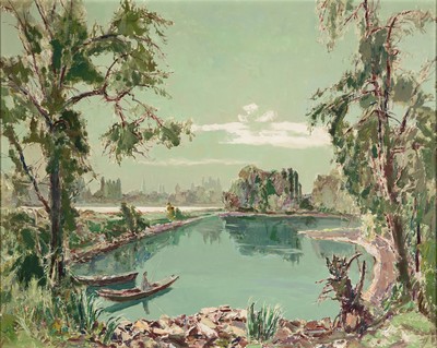 Karl Graf, 1902 Rothenburg-1986 Speyer, "Blick vom badischen Altrhein auf Speyer" so verso bezeichnet, datiert 1978, Altrheinlandschaft mit ...