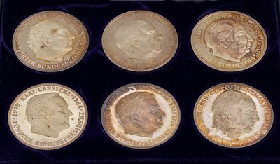 Set 6 Silbermedaillen, Deutschland 1989, AV: die ersten Bundespräsidenten, Theodor Heuss, Heinrich Lübke, Gustav Heinemann, Walter Scheel, Karl ...