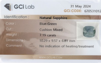 Loser Saphir, blue-green, 7.19 ct, mixed Cushion Cut, eingeschweisst, GCiLab-Expertise