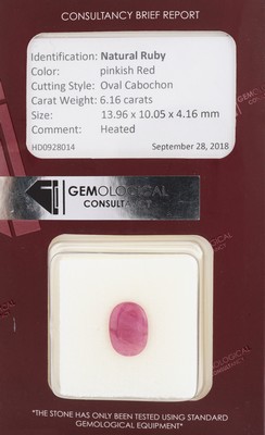 Loser Rubin, 6.16 ct, ovaler Cabochon, eingeschweißt, GEMOLOGICAL Consultancy Report,erhitzt