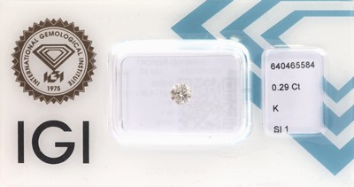 Loser Brillant, 0.29 ct get.Weiss(K)/si1, eingeschweisst, mit IGI-Expertise