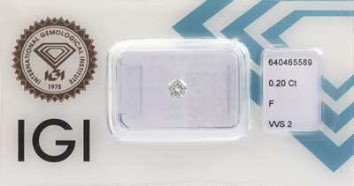 Loser Brillant, 0.20 ct feines Weiss+(F)/vvs2, eingeschweisst, mit IGI -Expertise