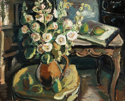 Rolf Müller-Landau, 1903 Kayingchow-1956 Bad Bergzabern, Interieur mit Blumenstillleben, Öl/Lwd, rechts oben sign., ca. 65x80cm, R. ca. 71x86cm