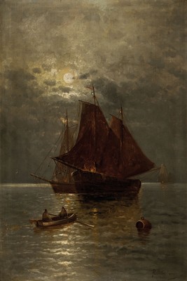 M. Mausberg, um 1900/20, Mondlandschaft mit Segelschiffen, Öl/Lwd, signiert, 80 x 54 cm Rahmen
