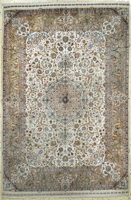 Täbriz fein(80 Raj), Persien, Mitte 20.Jhd,Korkwolle mit und auf Seide, ca. 222 x 151 cm,ca. 1,2 Mio. Kn/qm, Reinigungsbedürftig, EHZ: 2, (minimal ...