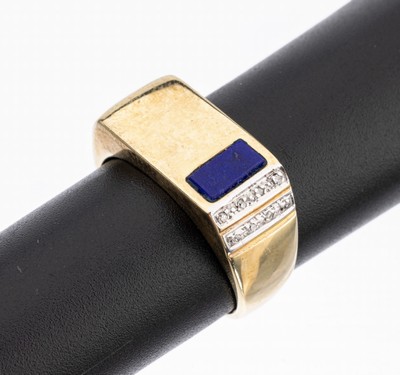 14 kt Gold Lapislazuli-Diamant-Ring, GG 585/000, schlichte Gestaltung, rechteckige Lapislazuli-Einlage, in rhod. Fassungen 8 8/8-Diamanten (1 Stein ...
