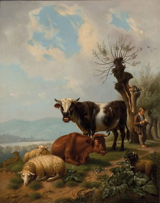 Friedrich Simmler, 1801 Hanau-1872 Aschaffenburg, Weidelandschaft mit Blick auf Bingen, Öl/Lwd, links unten sign. und dat. 1830, restauriert, ...
