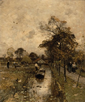 Ludwig Munthe, 1841 Sogndal/Norwegen-1896 Düsseldorf, Regentag, Landschaft mit Personen und Schleppkahn, hervorragende atmosphärische Darstellung, ...
