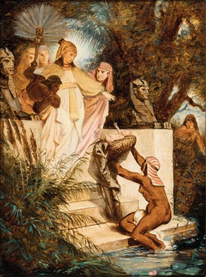 Ferdinand Keller, 1842 Karlsruhe-1922 Baden-Baden, Die Auffindung Moses, Gemälde in Öl/Lwd nach einer Zeichnung füreinen Holzstich 1878, ...