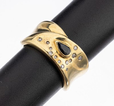 14 kt Gold Saphir-Diamant-Ring, GG 585/000,schlichte Gestaltung, 1 facett. Saphirtropfen ca. 0.10 ct, 13 8/8-Diamanten zus. ca. 0.06 ctWeiss/si, RW ...