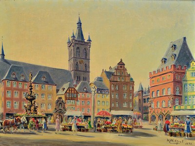 Wolfgang Hilfert, Mitte 20. Jh.,, Markt in Trier, Öl/Lwd., signiert und dat. 53, 45 x 60cm, Rahmen 76x61 cm