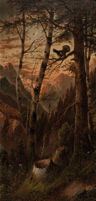 Unbekannte Künstler, 2. Hälfte 19.Jh., Waldstück mit Auerhahn in der Dämmerung, rechts unten unleserlich signiert, ca. 62 x 31.5 cm, Rahmen l. ...