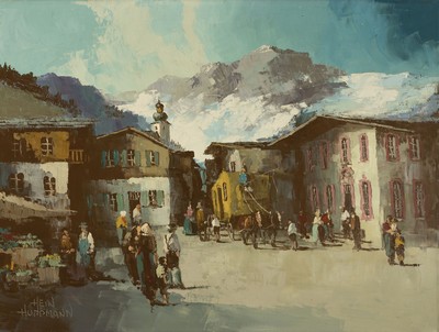 Hein Hoppmann, 1901-1982 Rheinberg, Postkutsche fährt durch ein Dorf im Gebirge, Öl/Lwd, teils in Spachteltechnik, links unten sign., ca. 60x80cm