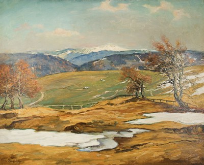 Wilhelm Hempfing, 1886 Schönau-1948 Karlsruhe, Weite Gebirgslandschaft mit vereinzelten Schneefeldern, Öl/Hartfaser, links unten signiert, ca. ...