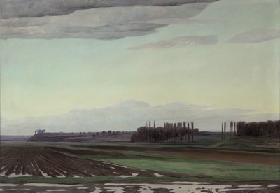 Werner Brand, 1933 Löbau-2021 Hochstadt/Pfalz, Weite Landschaft mit Feldern und Baumgruppen, im Hintergrund die Haardt, Öl/Lwd, rechts unten sign. ...