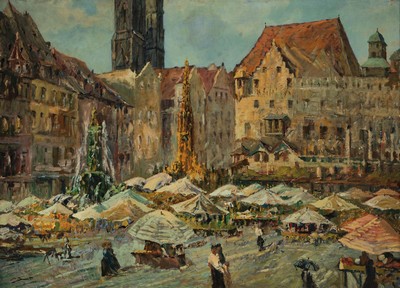 Ungedeuteter Künstler der Mitte des 20.Jh., Der Hauptmarkt in Nürnberg, links unten unleserlich signiert "F. Brandt" ?, Öl/Malkarton, ...