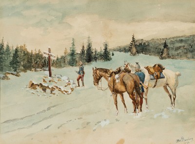 Otto Rosenberg, Anfang 20.Jh., Aquarell, 2 französische Kavalleristen an Wegekreuz in Winterlandschaft, rechts unten signiert und datiert (19)14-16, ...