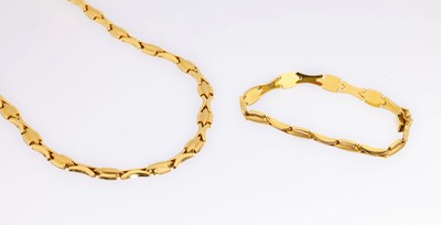 14 kt Gold Schmuckset, GG 585/000, part. sat., best. aus: Collier, L. ca. 46.5 cm, und Armband, L. ca. 19 cm, jew. Kastenschloss mit ...